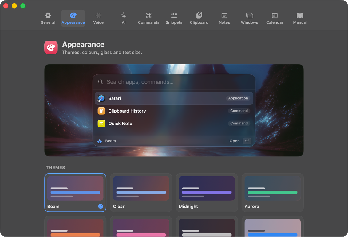 Beam Appearance settings