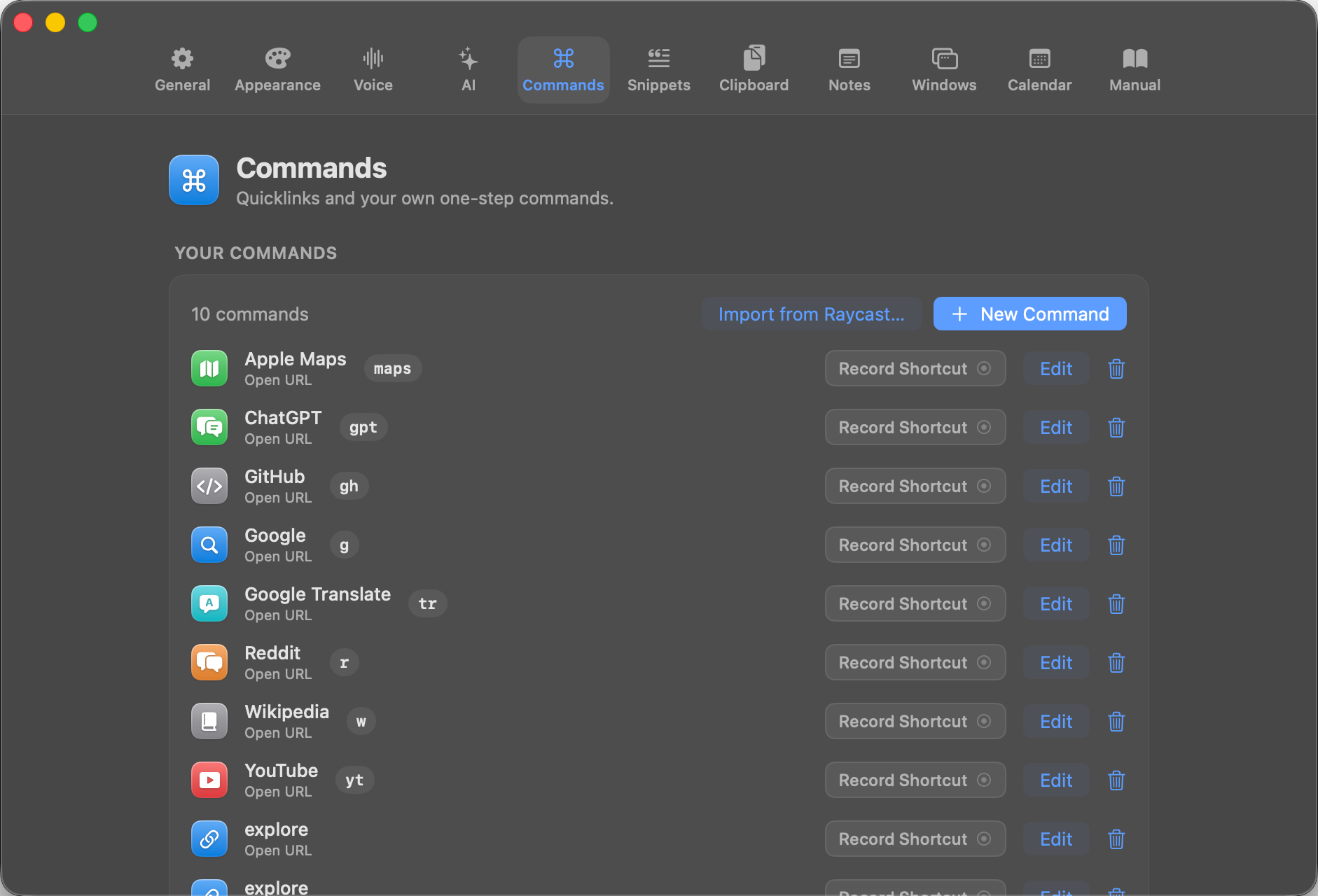 Beam Commands settings