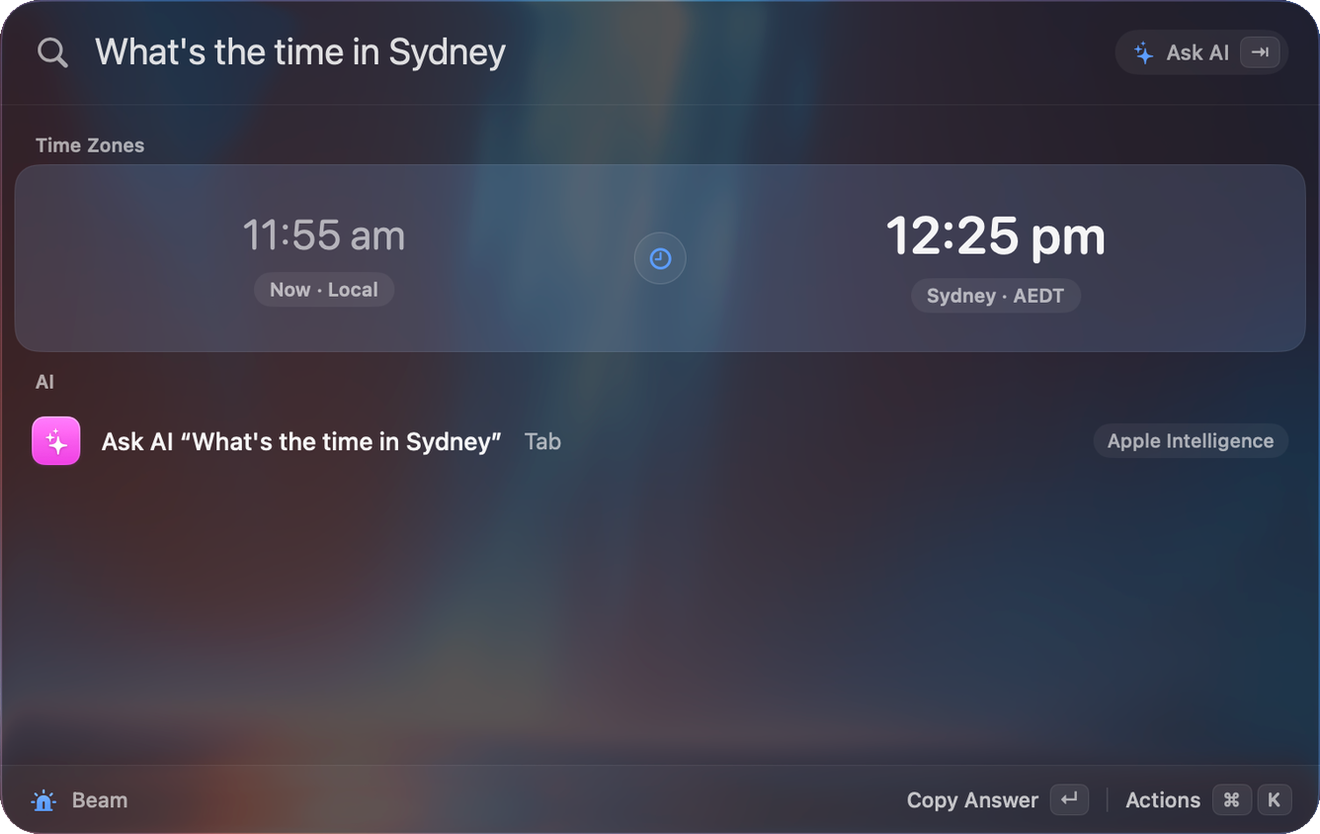 Beam time zone result comparing local time with Sydney